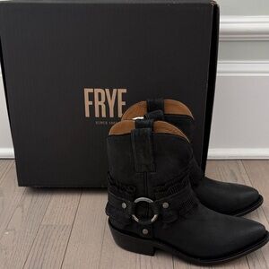 Frye Black Leather Ruffle Fringe Boots